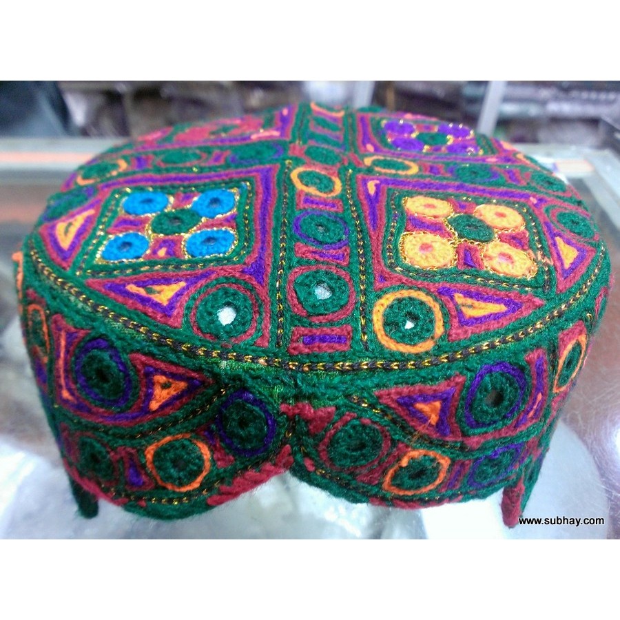 Green Based Bugti / Sindhi Cap with Mirror Work MK#88